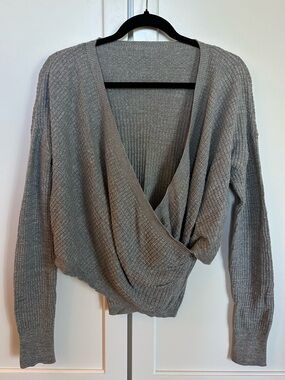 Women's Gray Faux-Wrap Waffle Knit Sweater
